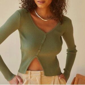 Crescent Ribbed Long Sleeve Sage Green Asymmetrical Button Front Cardigan Top